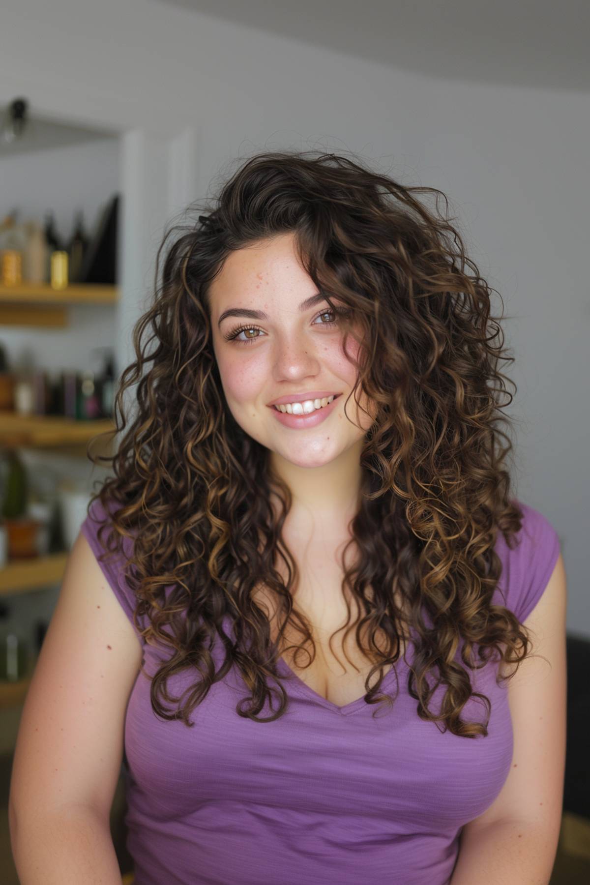 Curly hair with layers for round face