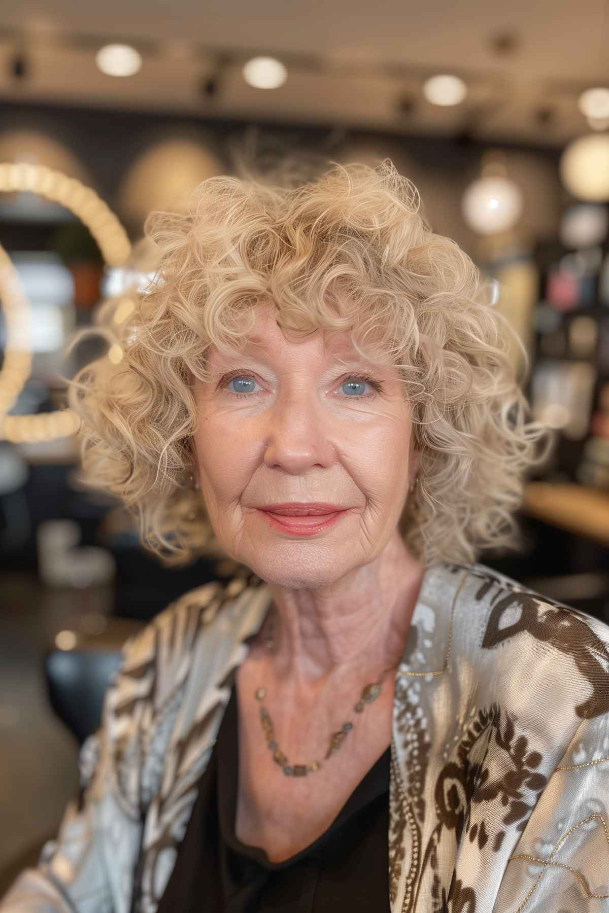 Older woman with curly hair and face-framing bangs