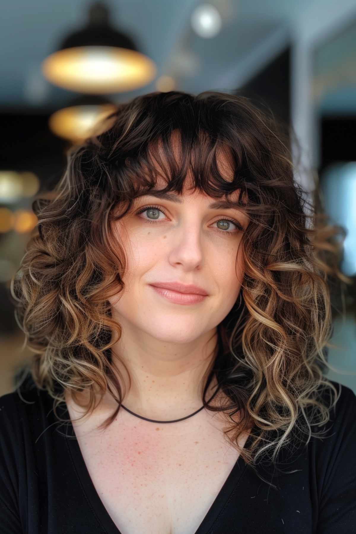 Curly hair with layered bangs on a woman.