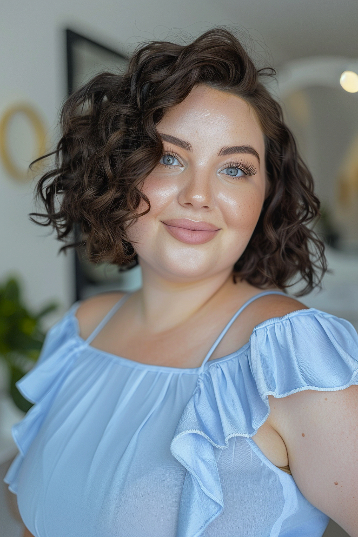 Curly style for round faces with defined curls