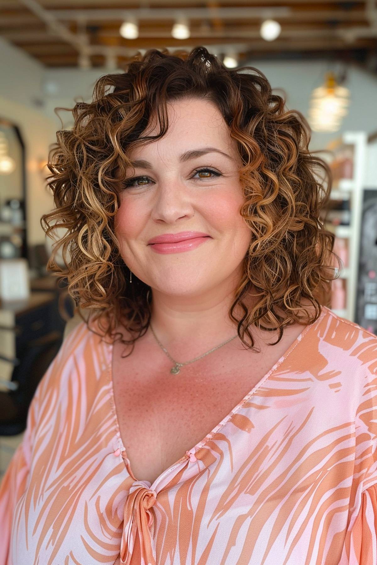 Curly hairstyle for women over 40 with round face