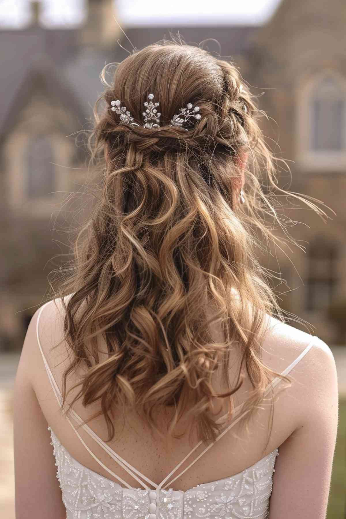 Curly hairstyles bridal half-up, half-down style with romantic loose curls and delicate hair accessory