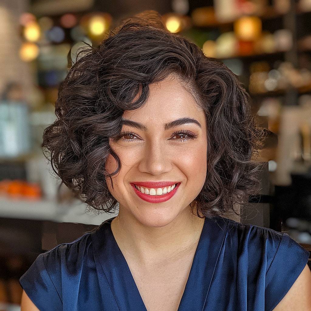 Chin-length curly bob with side part and defined curls for a soft, voluminous curly hairstyle