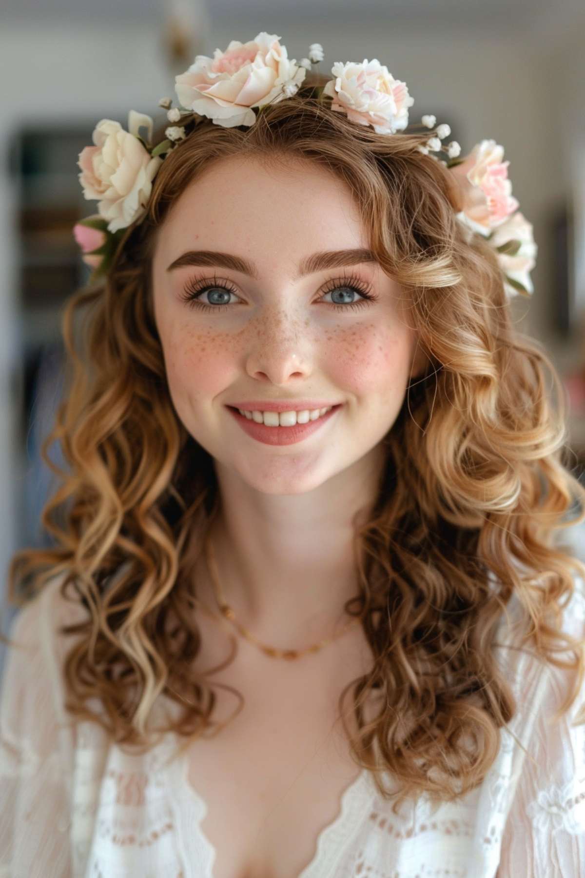 Curly hairstyles with flower crown featuring soft curls and delicate floral accents