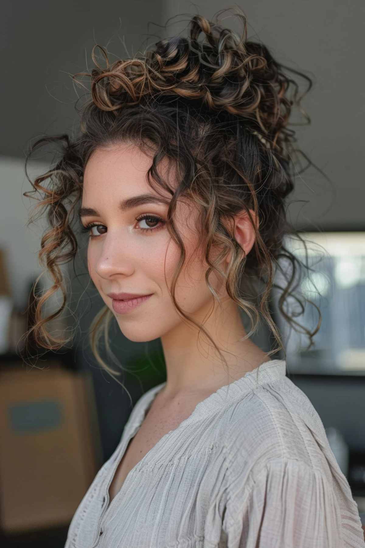 Messy bun curly hair style with loose, carefree curls and added volume