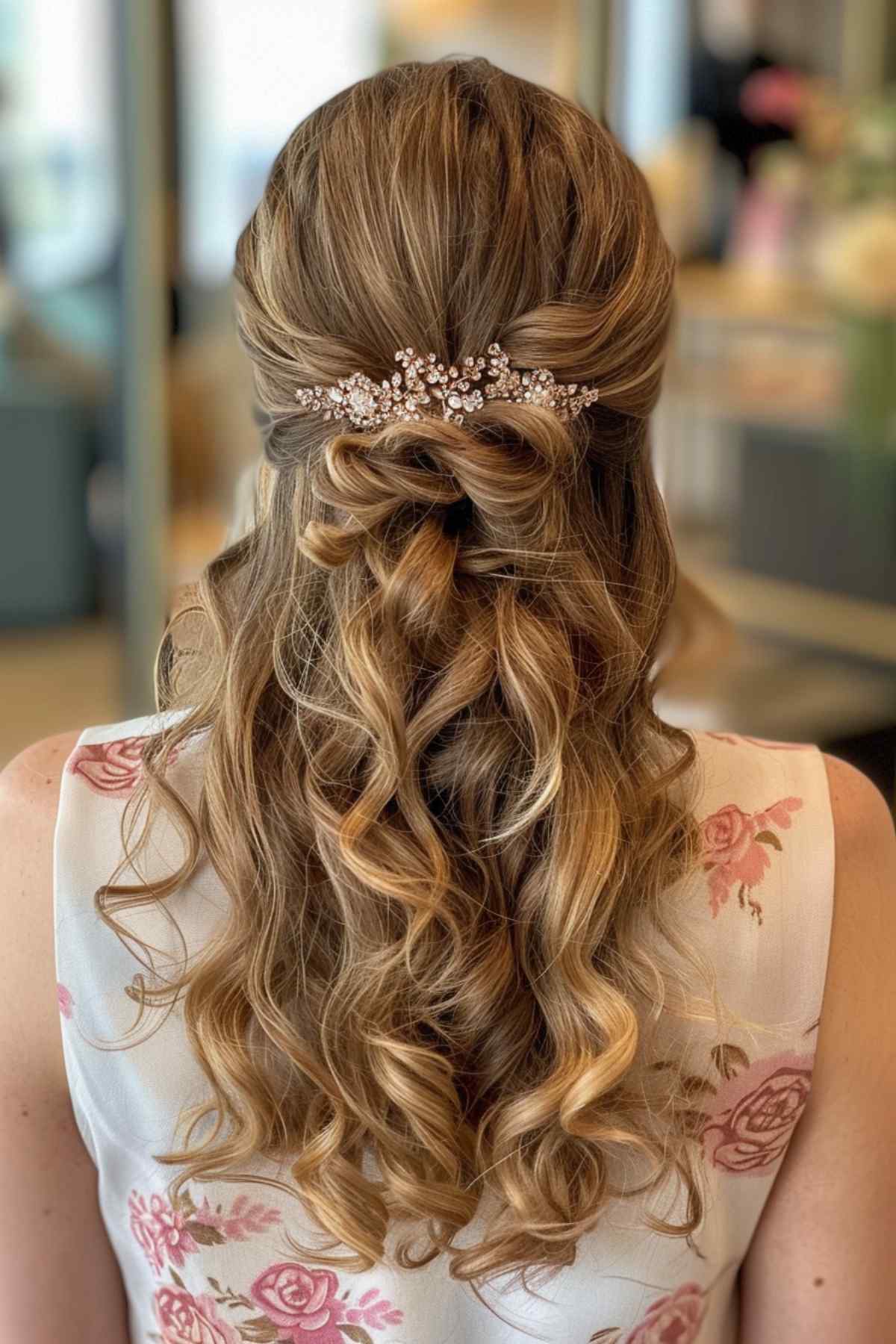 Curly hairstyles party half-up, half-down look with loose curls and jeweled accessory