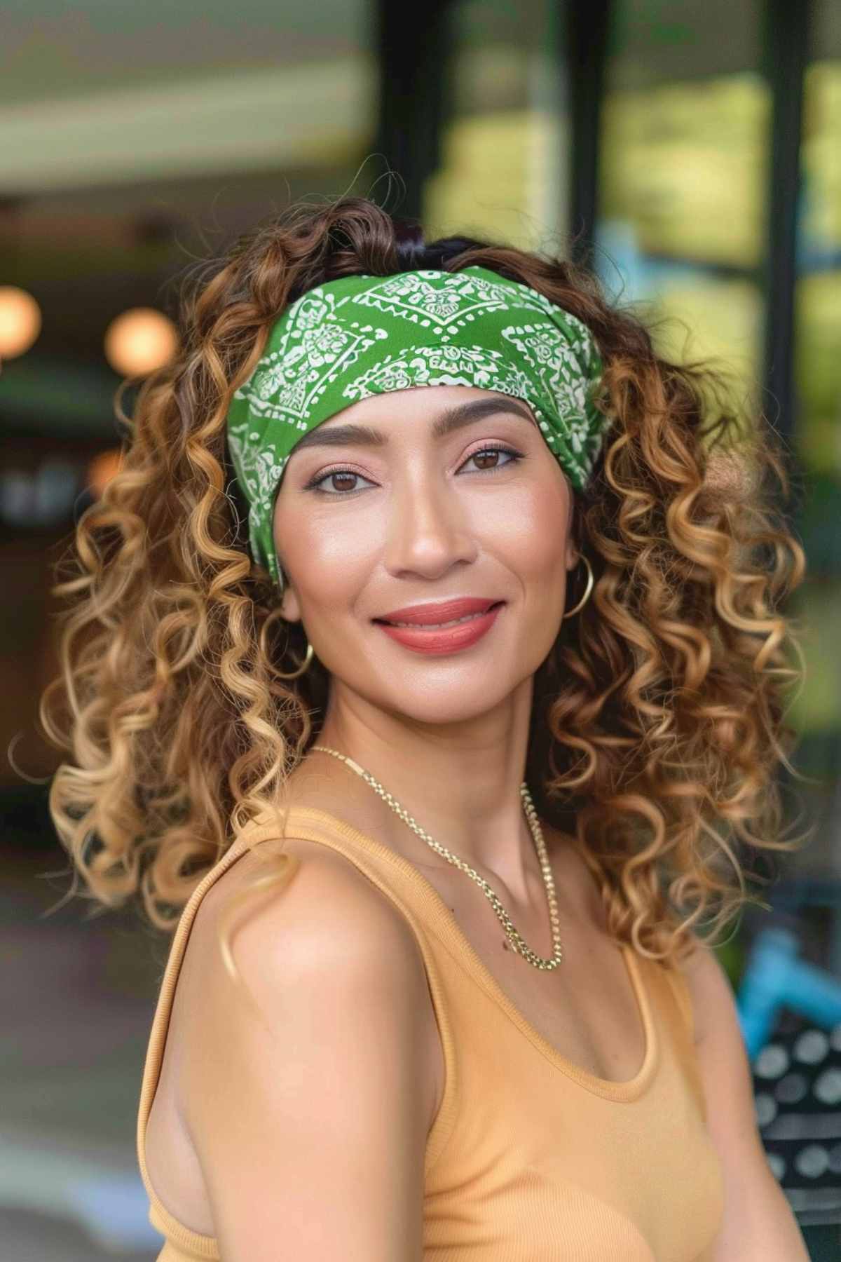 Simple curly hairstyles natural with a bandana and soft, defined curls