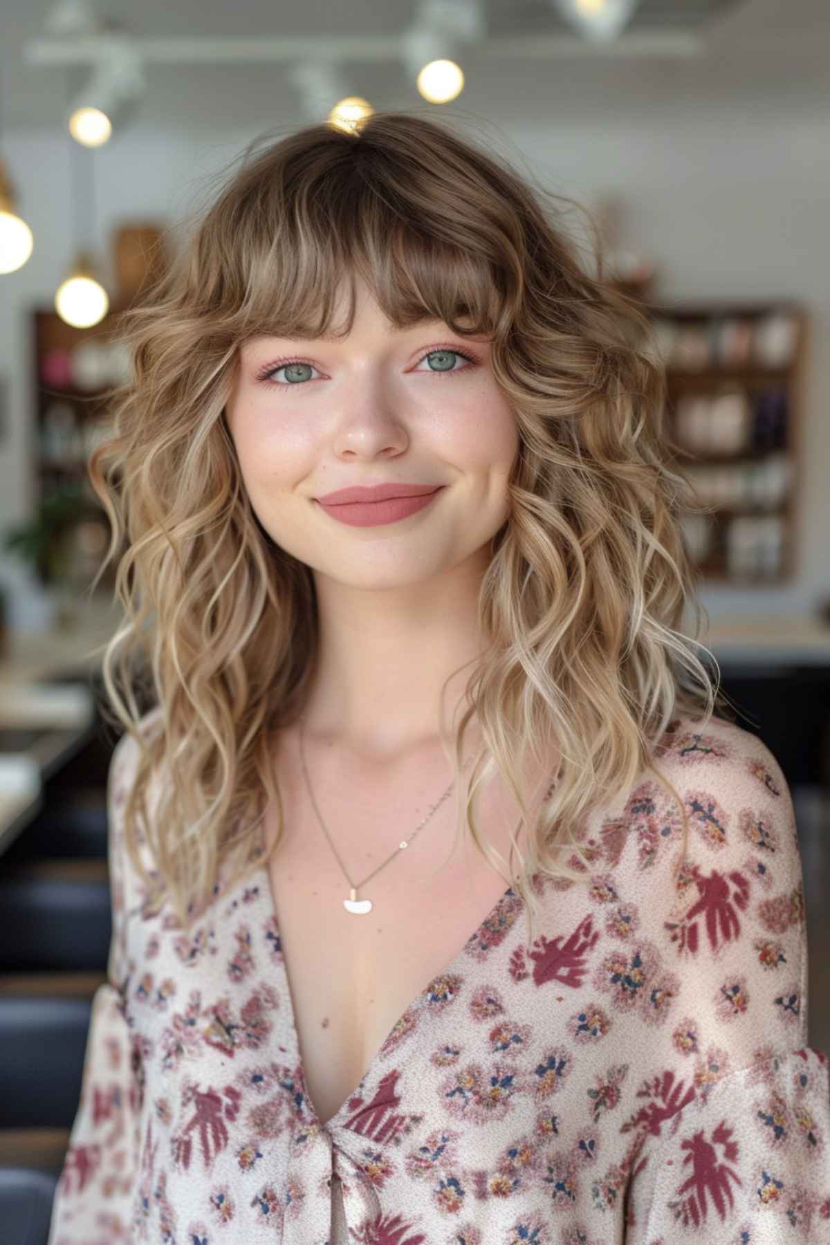 Curly hairstyles with fringe featuring soft curls and full bangs for a youthful look