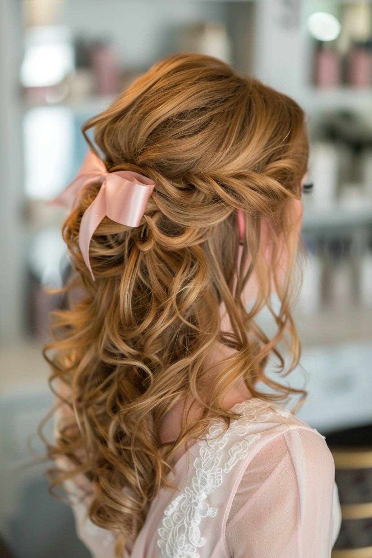 Ribbon hairstyles curly hair in a half-up, half-down style with soft curls and a pink ribbon