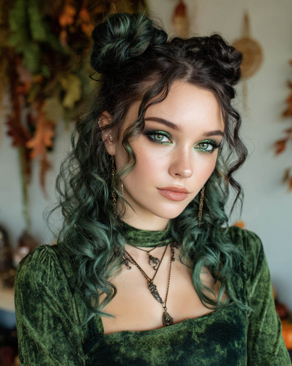 Curly half-up buns with moss green tint, whimsical Halloween hairstyle