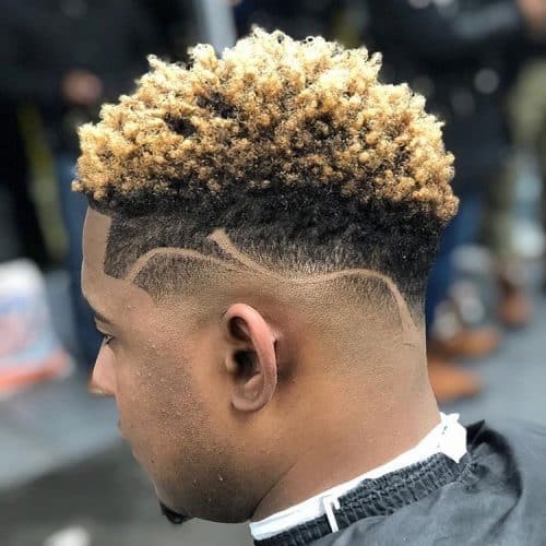 Curly High Top Fade with Line Design