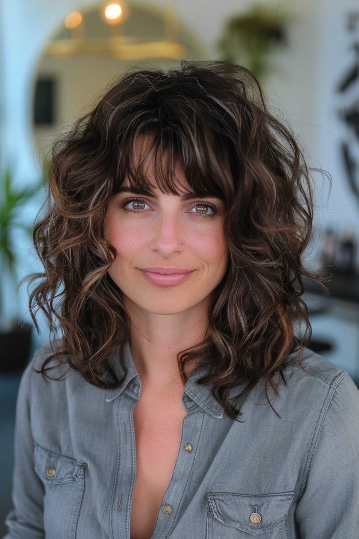 Curly long bob with short uneven bangs hairstyle