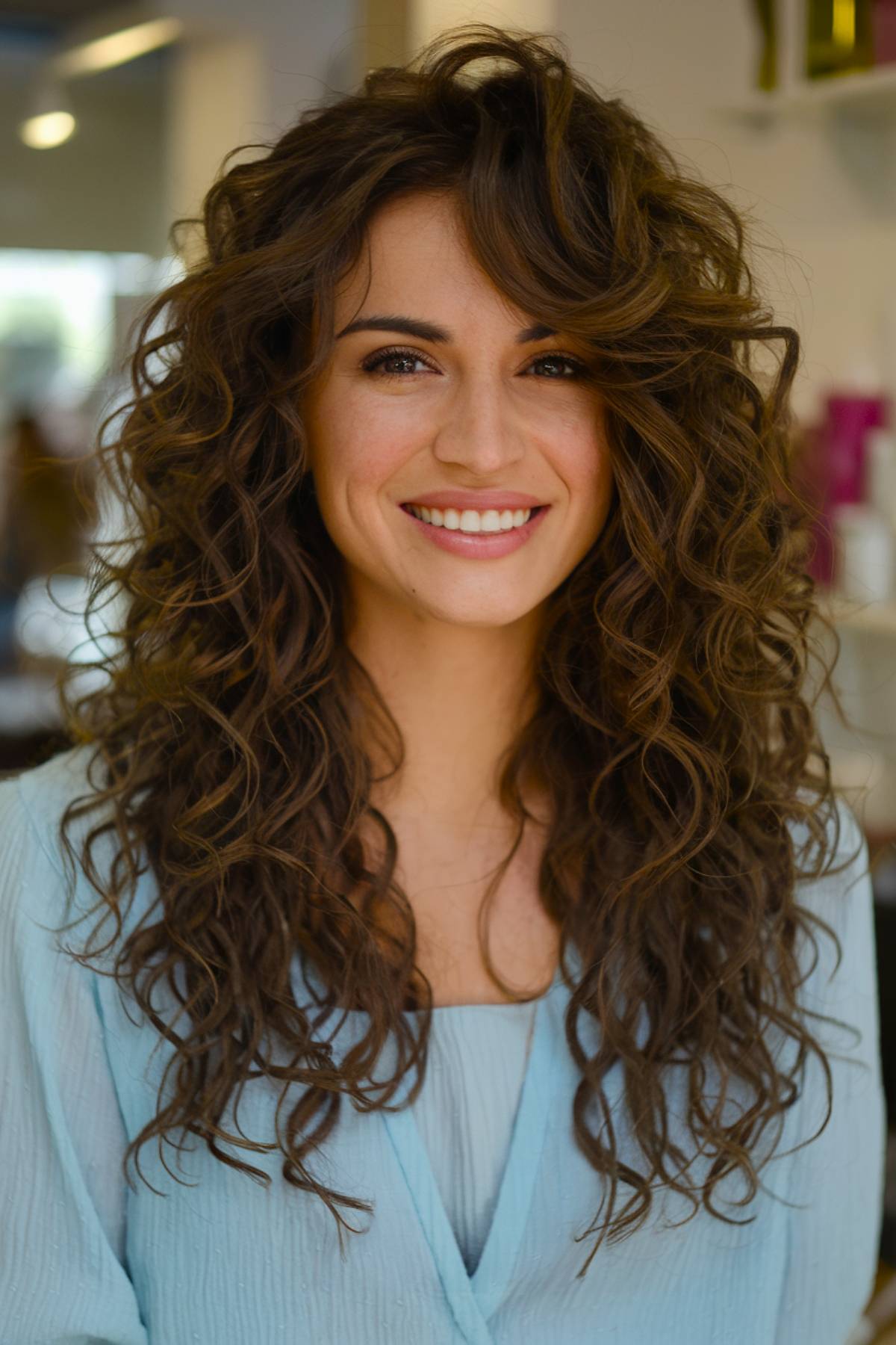 Long curly layered haircut with soft side bangs, enhancing natural texture and definition