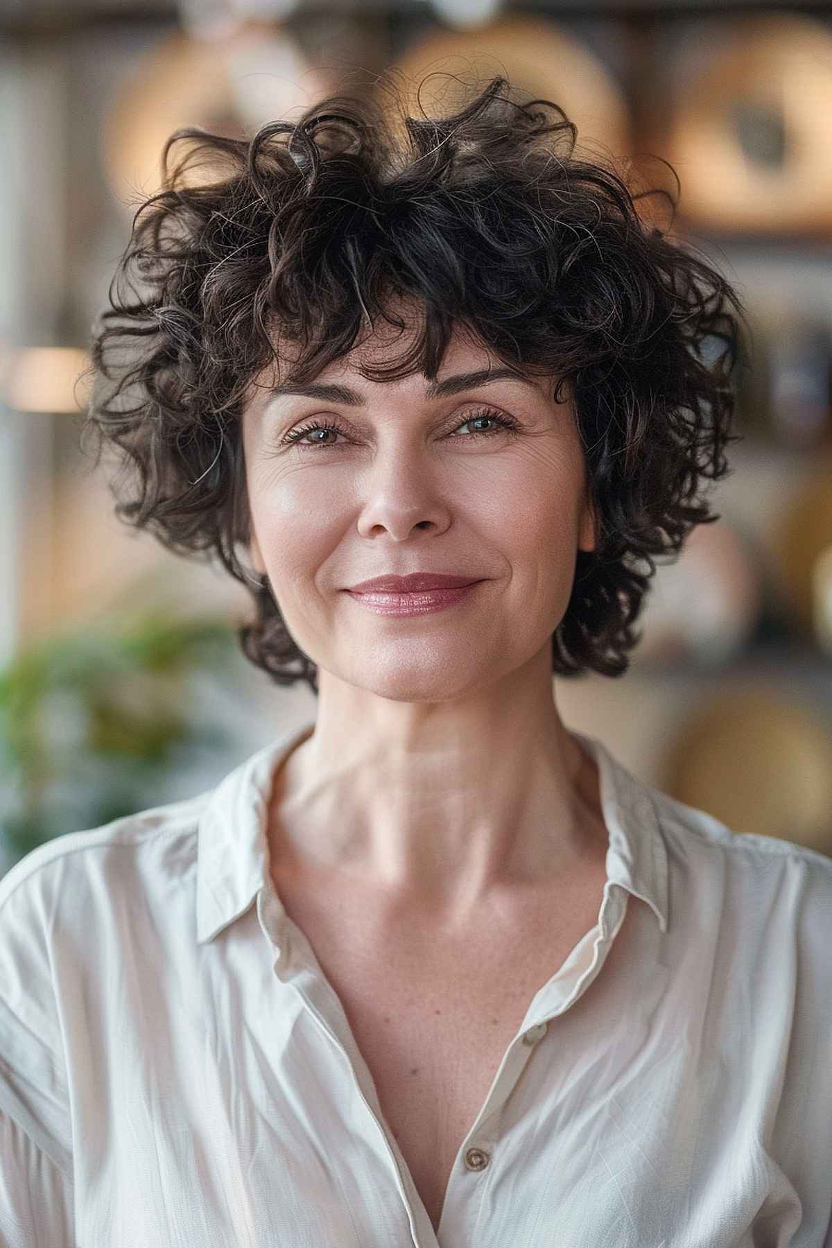 Woman with a curly pixie cut, natural curls, and fringe