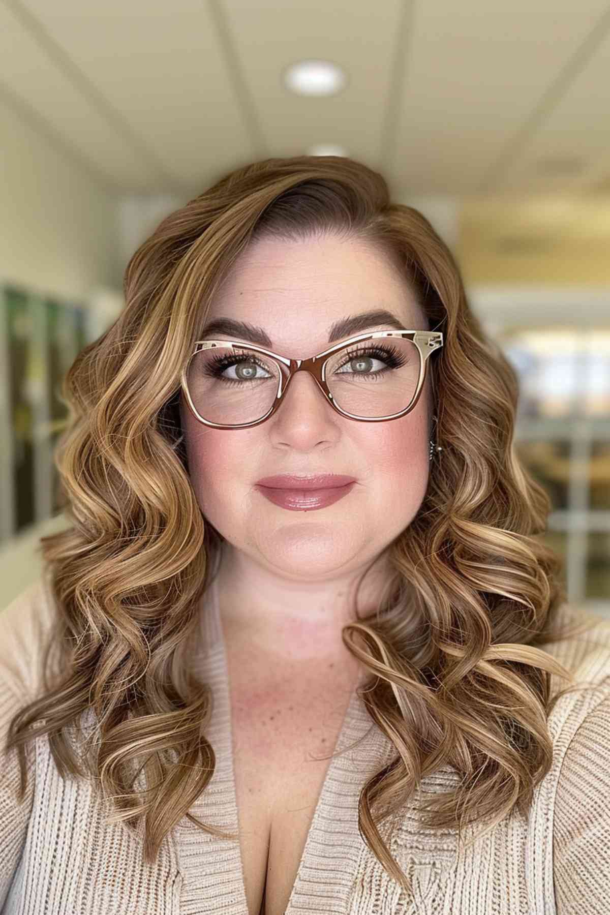 Curly medium layers hairstyle with glasses for teachers