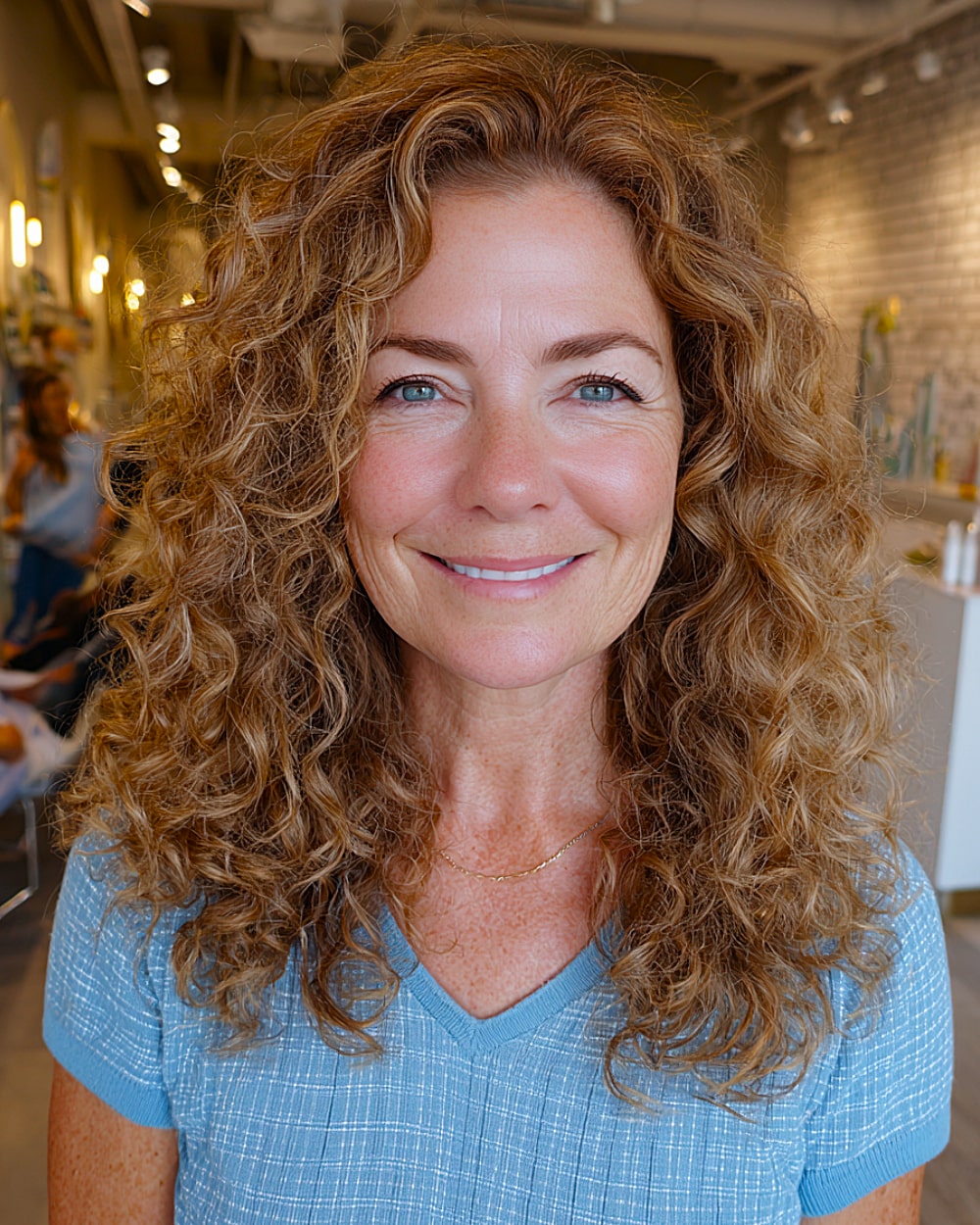 Mid-length curly hairstyle with natural volume and blended layers for older women