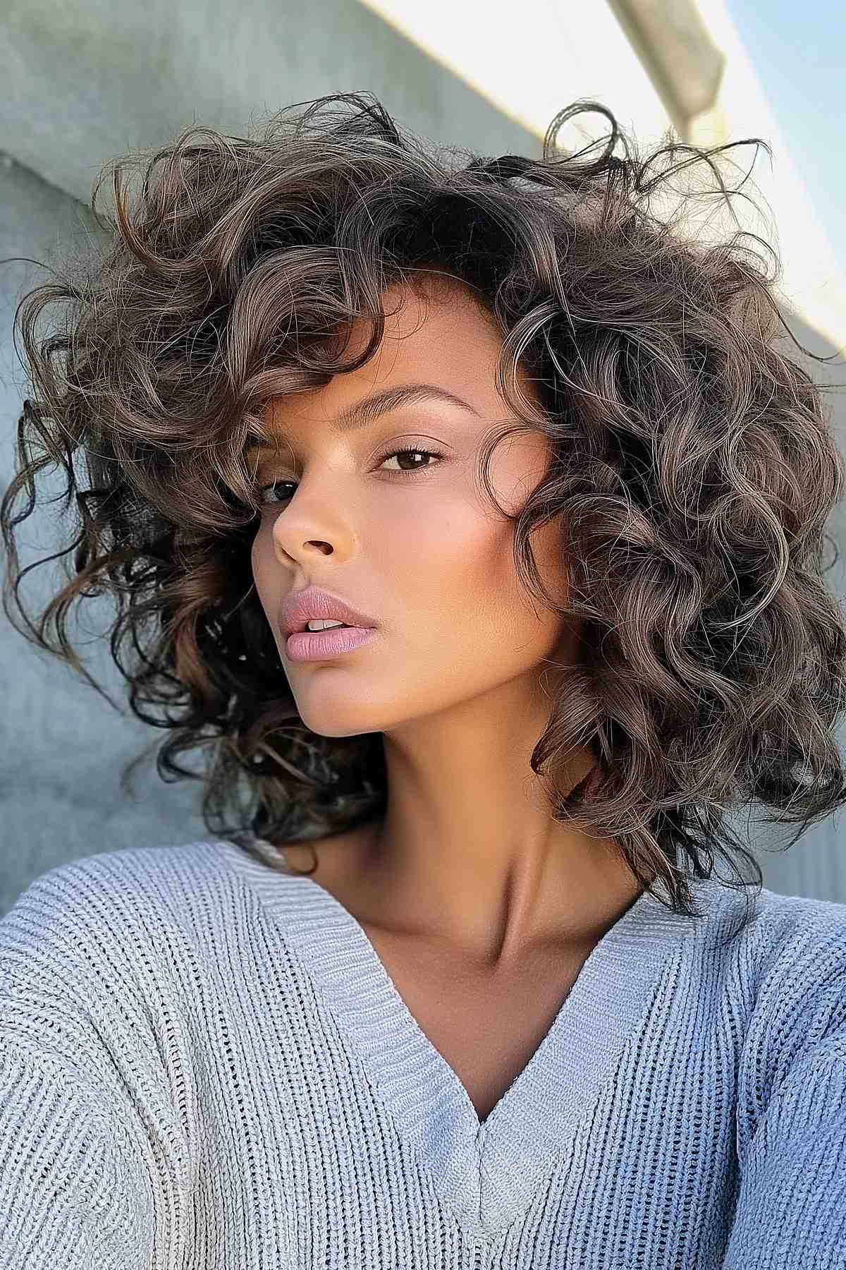 Curly dark mushroom brown hair beautifully styled to highlight natural textures and depth, perfect for embracing curls.