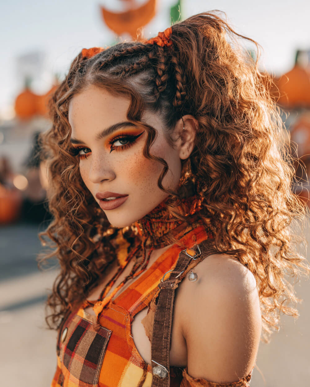 Curly pigtails with braided sections and orange scrunchies, playful Halloween hair