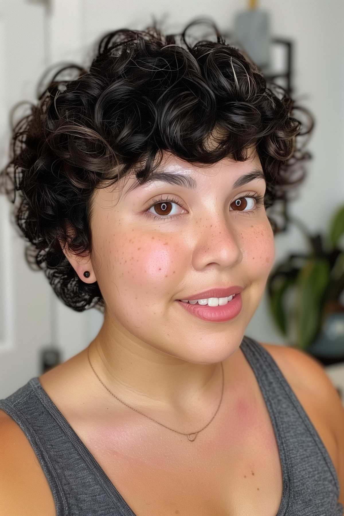 Curly pixie cut hairstyle for round faces, ideal for workouts