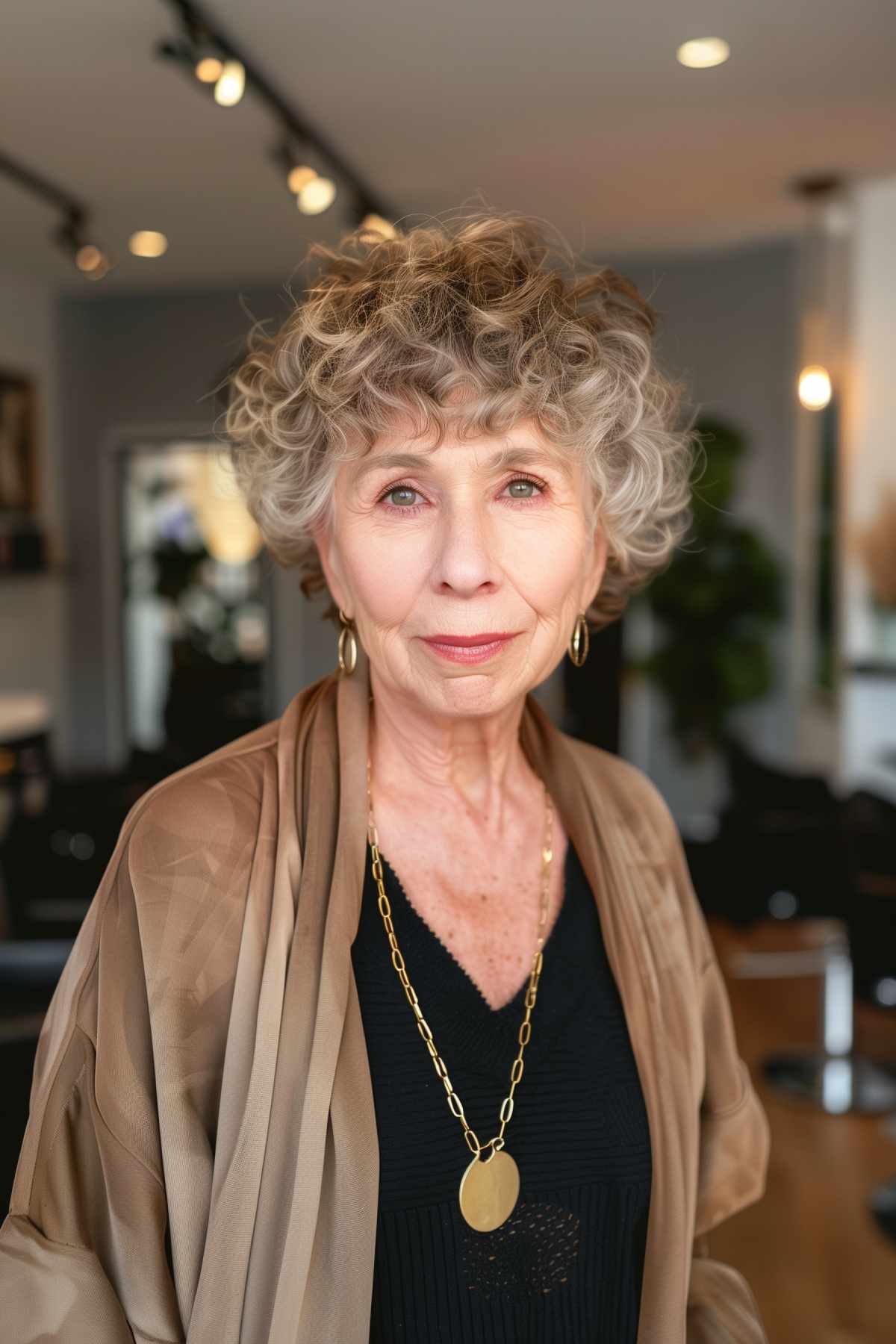 Older woman with a curly pixie cut and bangs