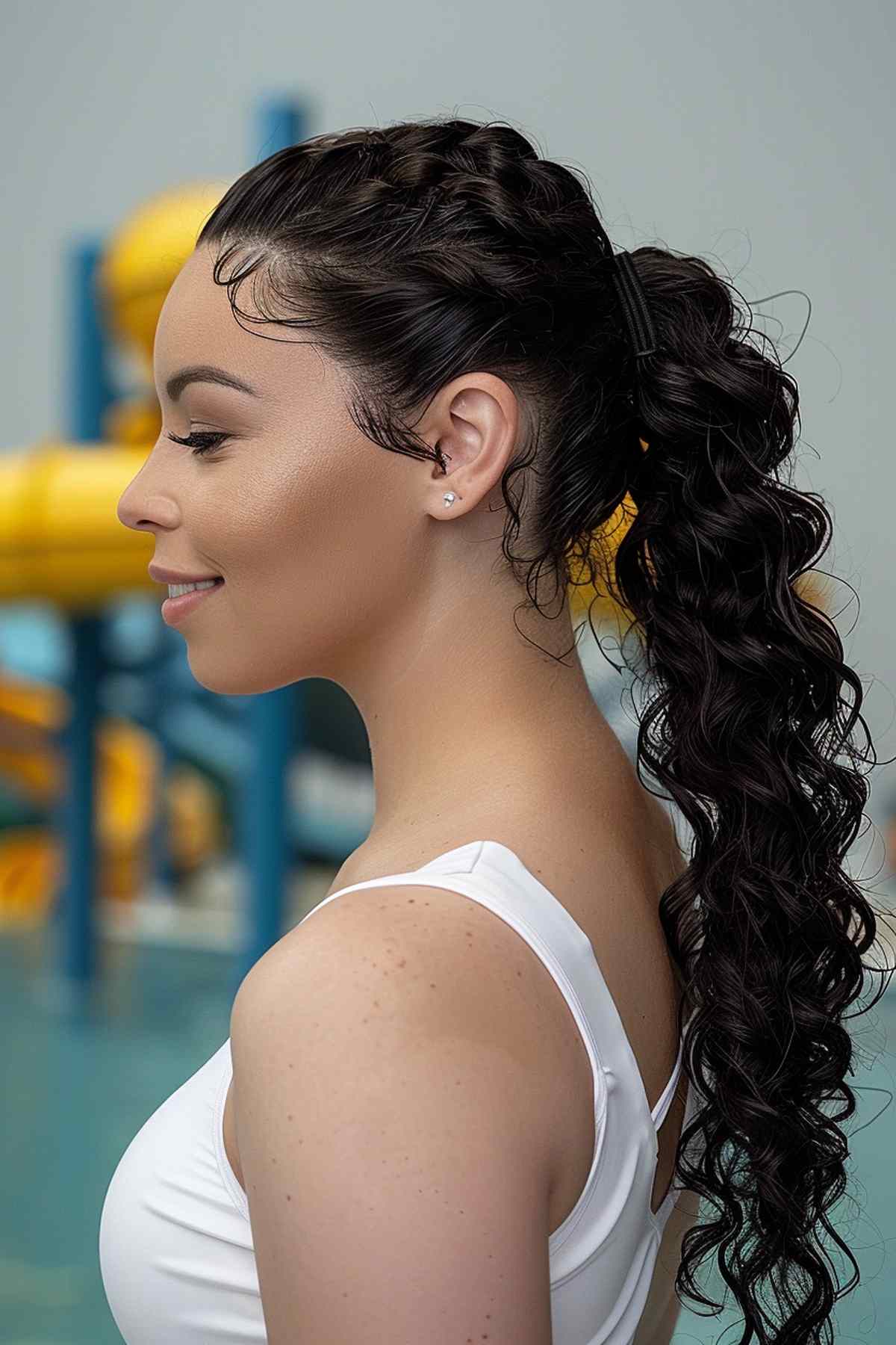 Side view of a woman with a curly ponytail, featuring two front braids merging into the ponytail, perfect for long curly hair at the waterpark