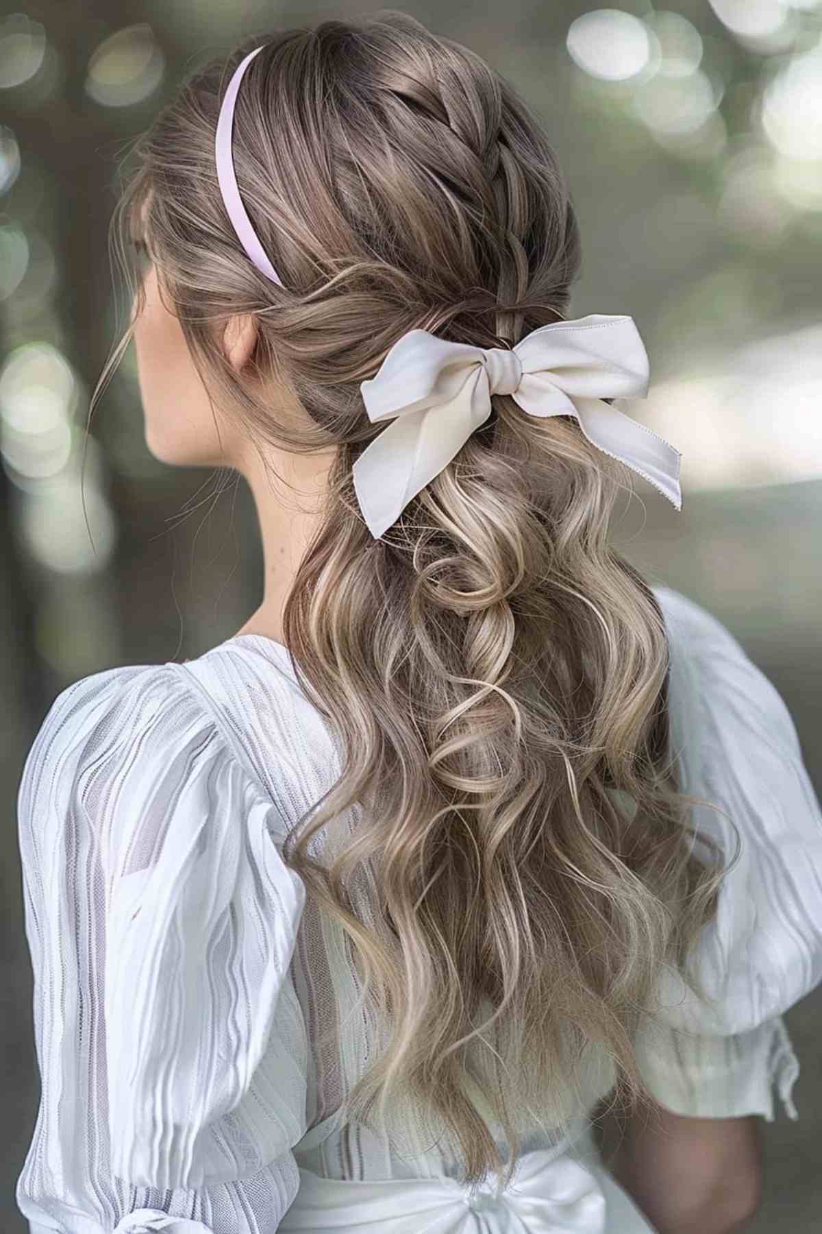 Woman with a curly ponytail tied with a ribbon, suitable for casual or semi-formal occasions