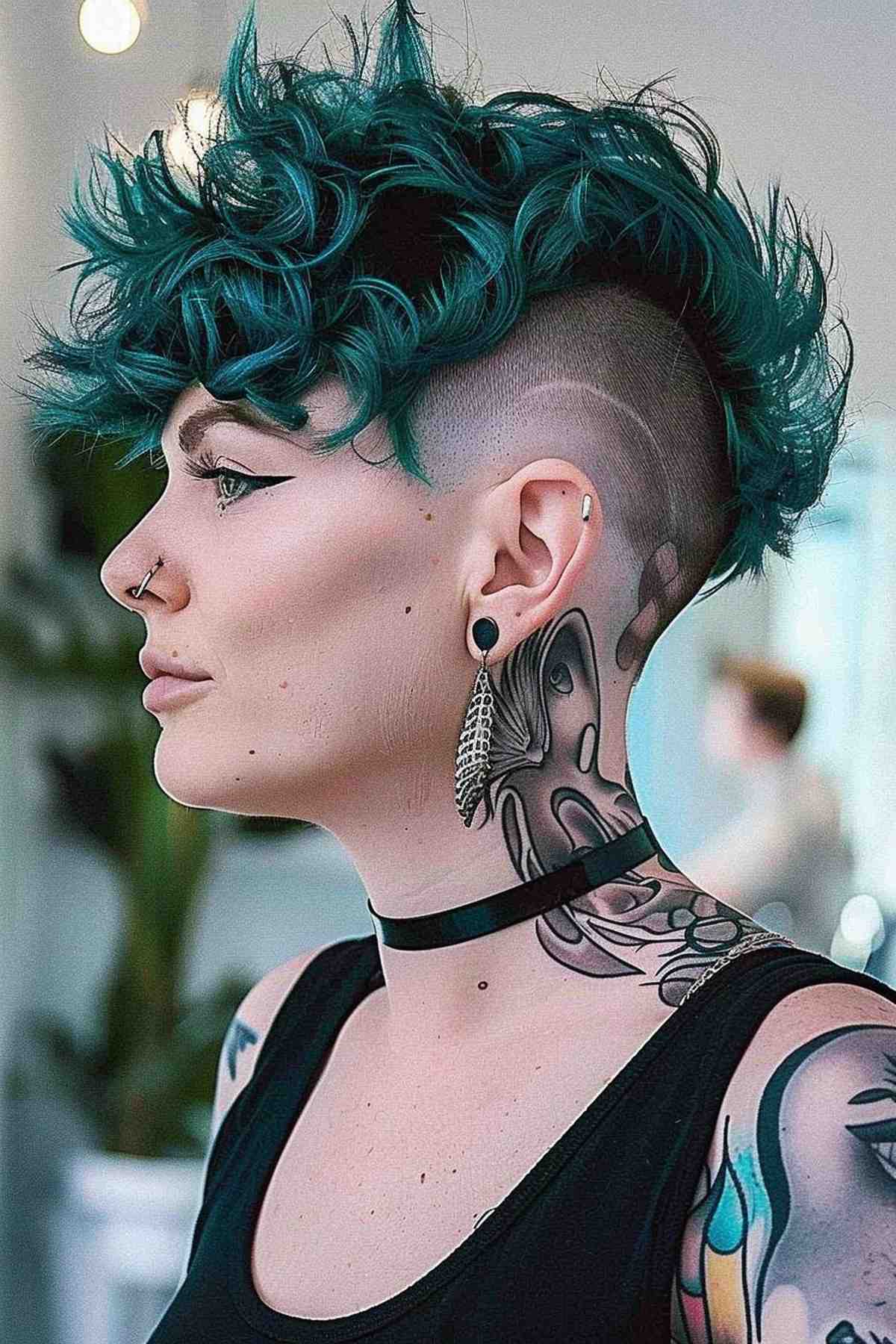 Curly punk pixie cut with teal curls and closely shaved sides, offering a bold and textured look ideal for thicker hair.