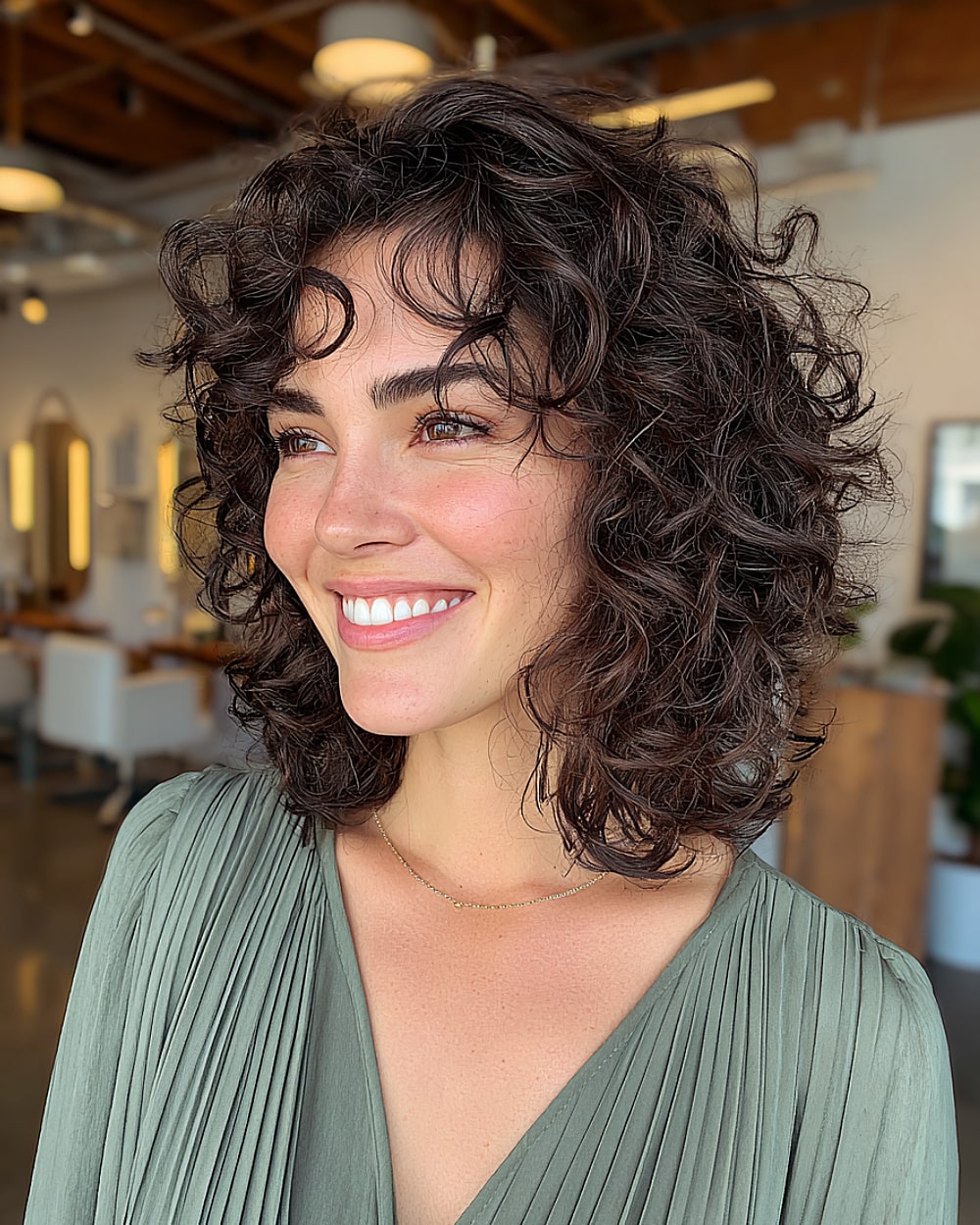 Curly shag haircut with face-framing layers and tousled texture for natural curls