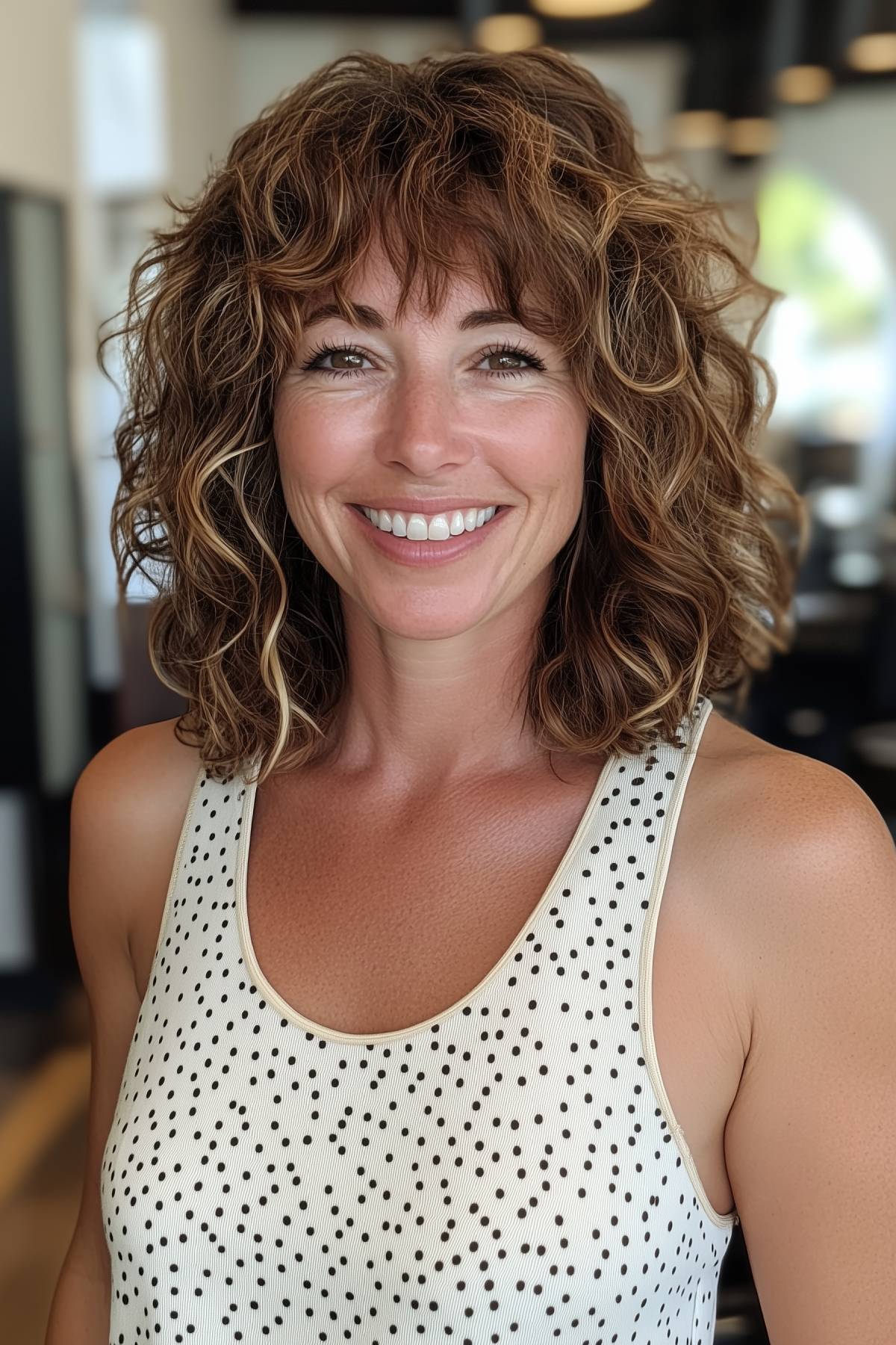 Woman with a curly shaggy lob haircut and soft bangs, featuring light highlights