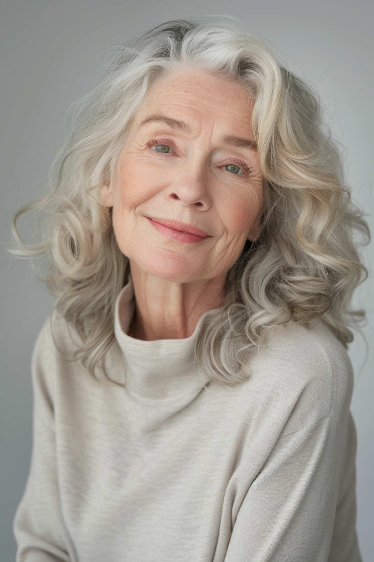 Curly shoulder-length grey hair on an older woman