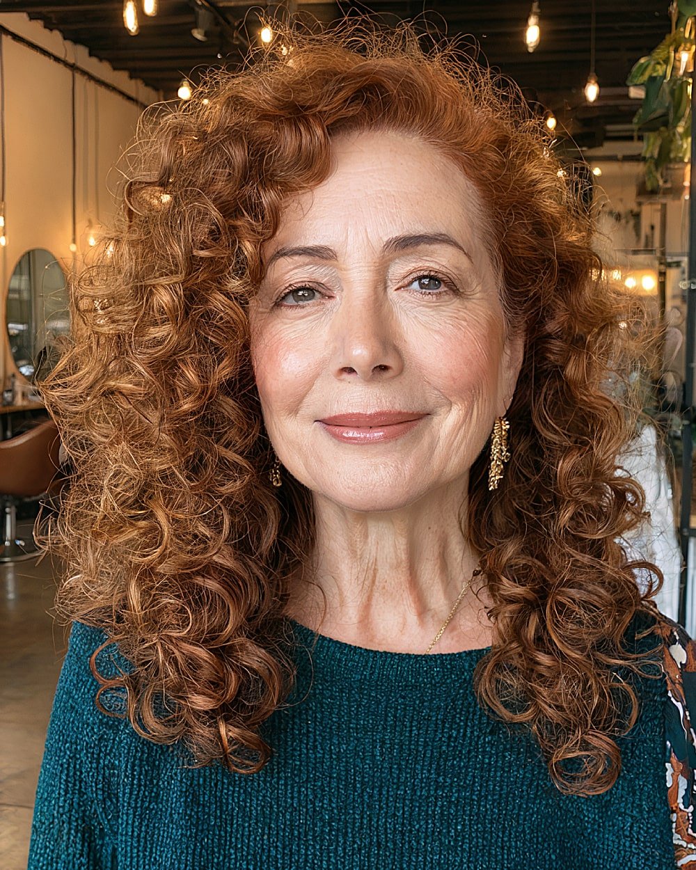 Long curly red hair with deep side part for mature women with natural volume