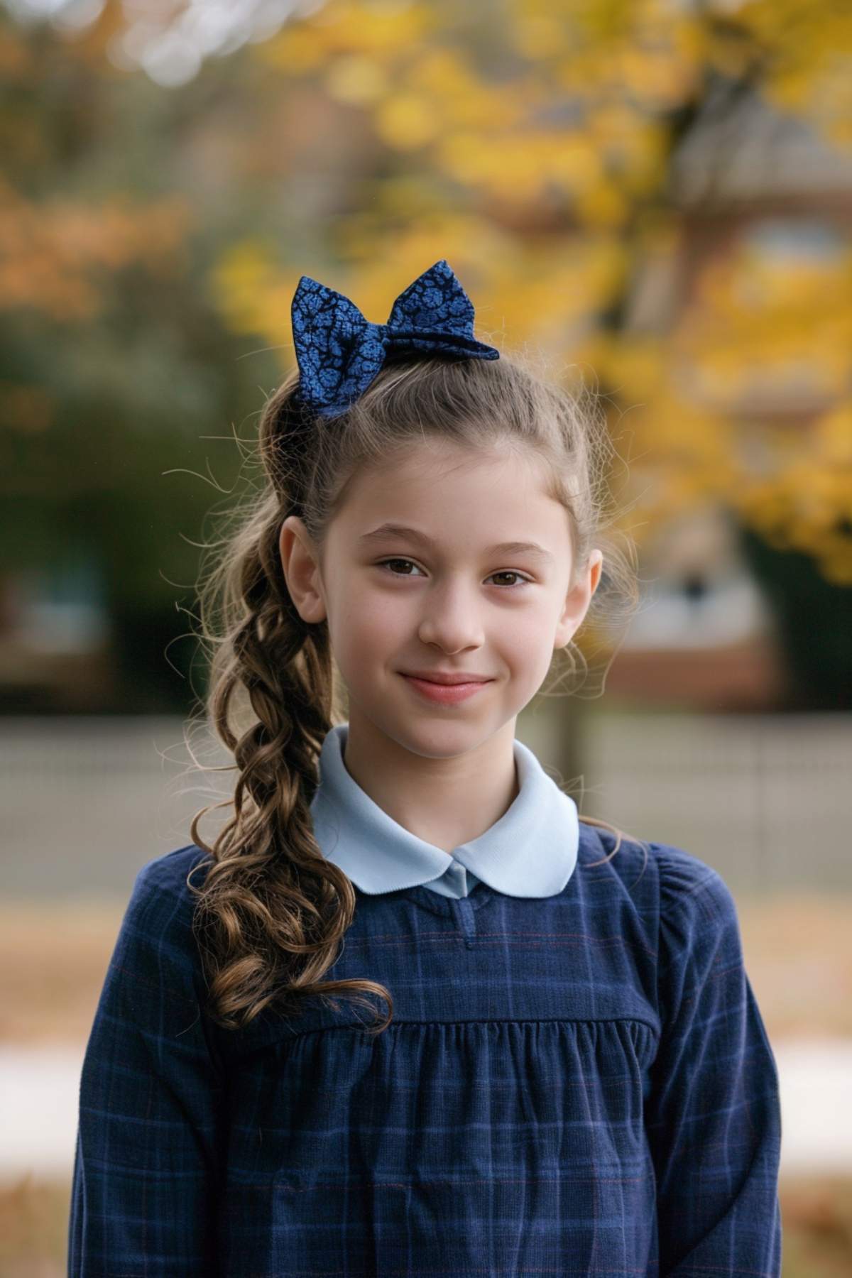 Young girl with a curly side ponytail and bow, wearing a navy blue dress