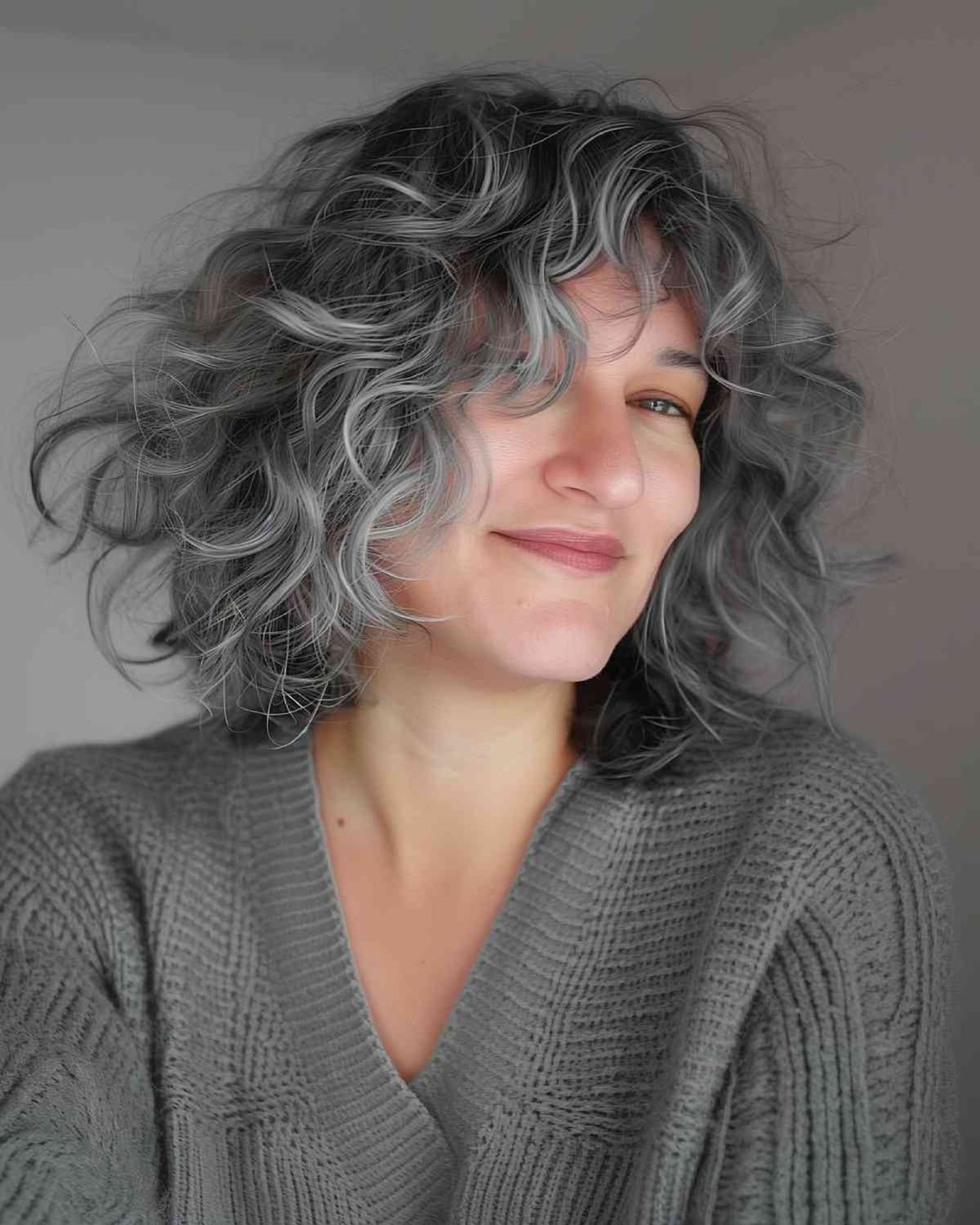 Woman with Curly Wavy Silver Shaggy Bob and Darker Roots