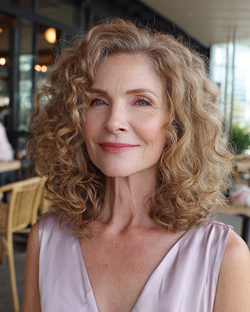 Soft shoulder-length curls with a side part for older women with fine, light brown curly hair