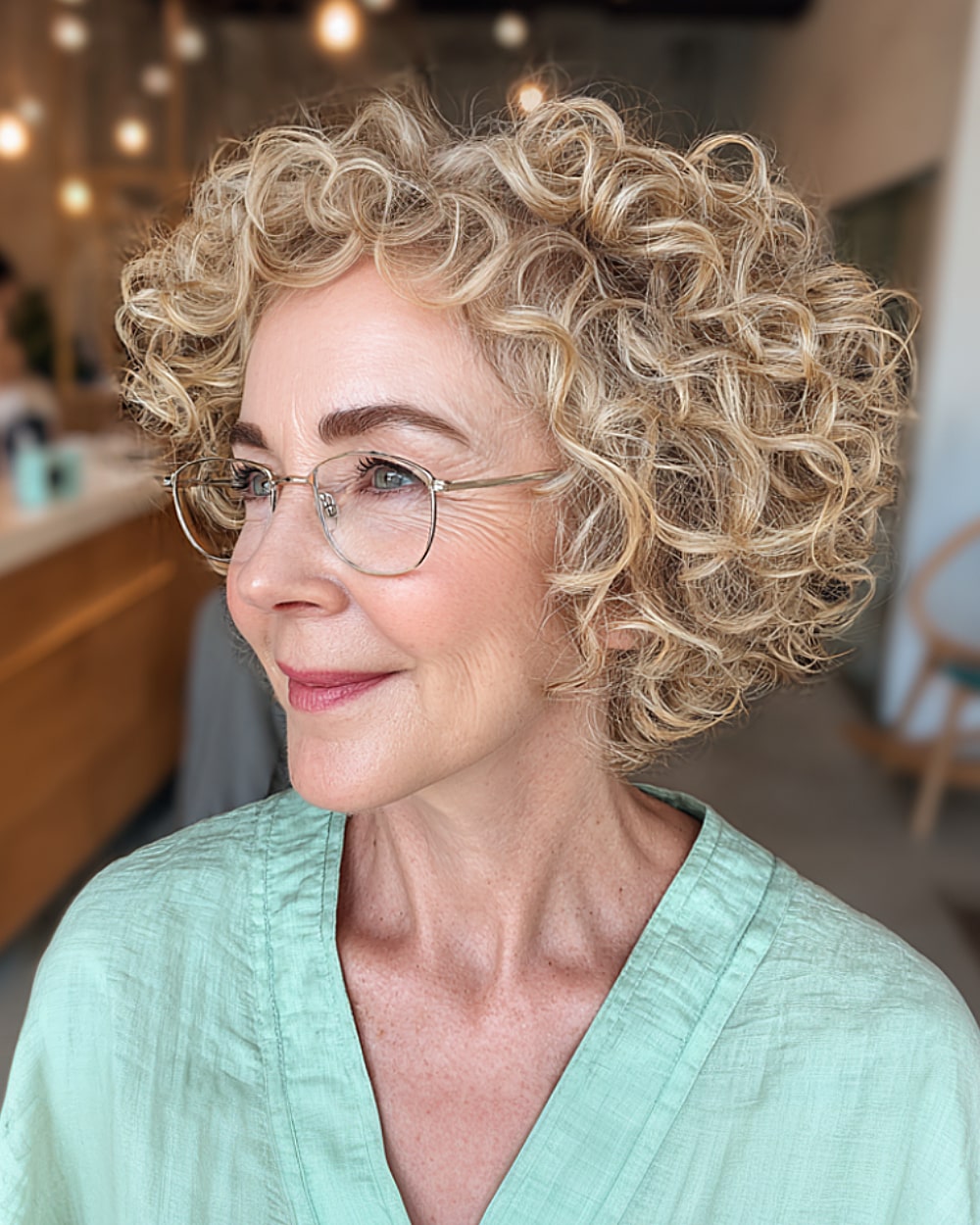 Stacked curly bob with rounded volume and blonde definition for older women
