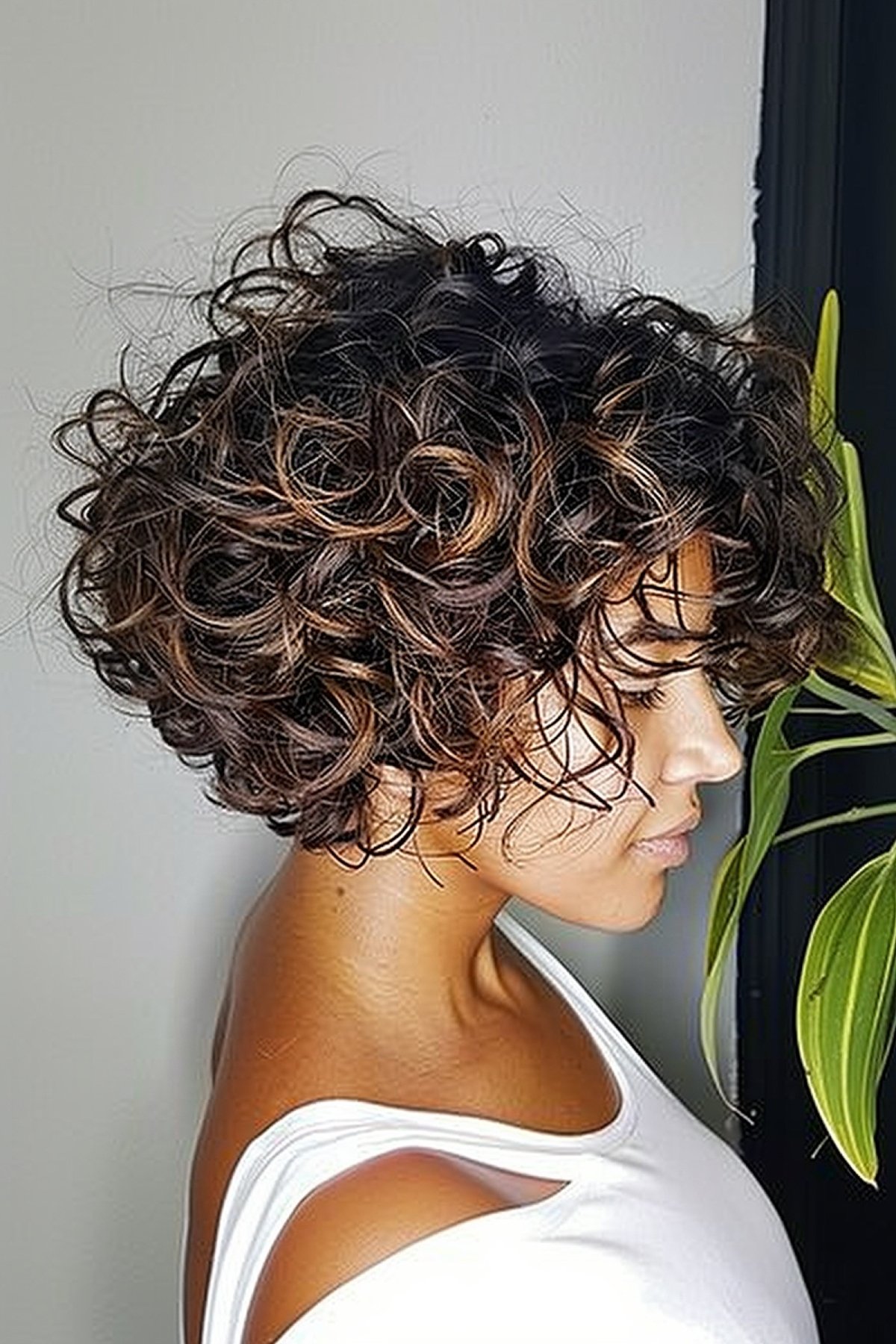 Short curly stacked bob hairstyle for thick hair with defined curls