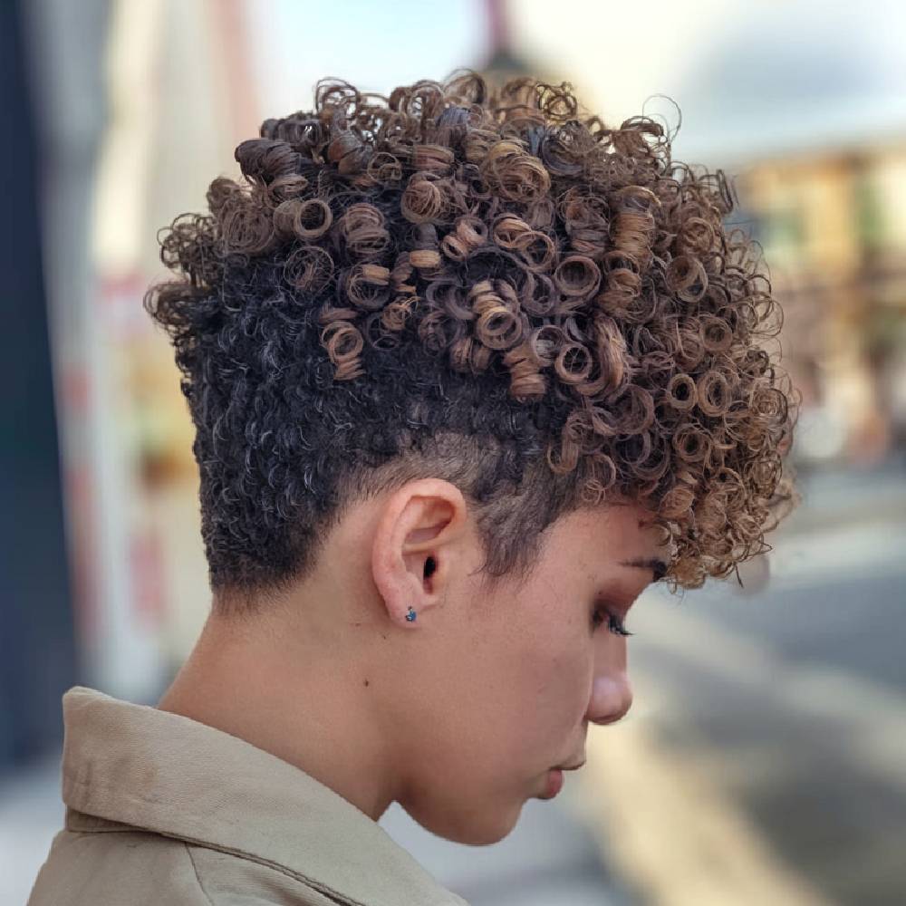 Tapered curly cut with tight curls and caramel highlights on top for a bold defined curly look