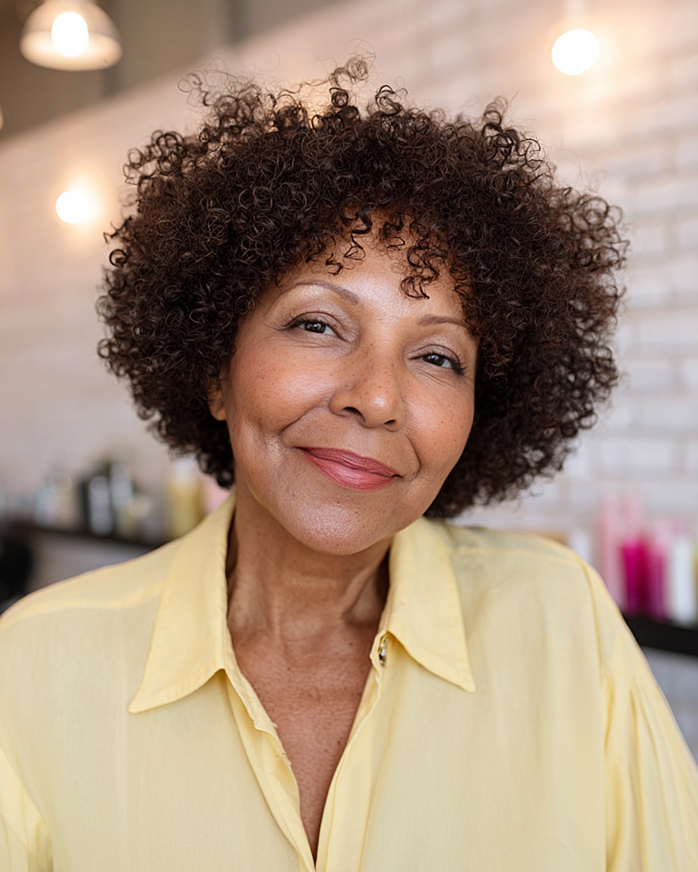Tight natural curls with a round silhouette for older women with short coily hair