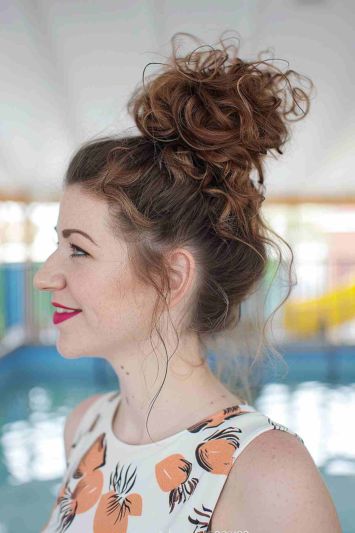 Side view of a woman with a curly top knot, perfect for medium to long curly hair to keep it secure and stylish at the waterpark