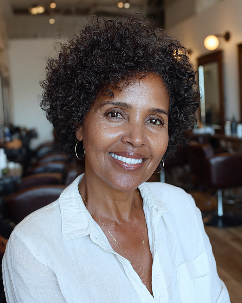 Wash and go curls with round silhouette for women over 50 embracing natural texture