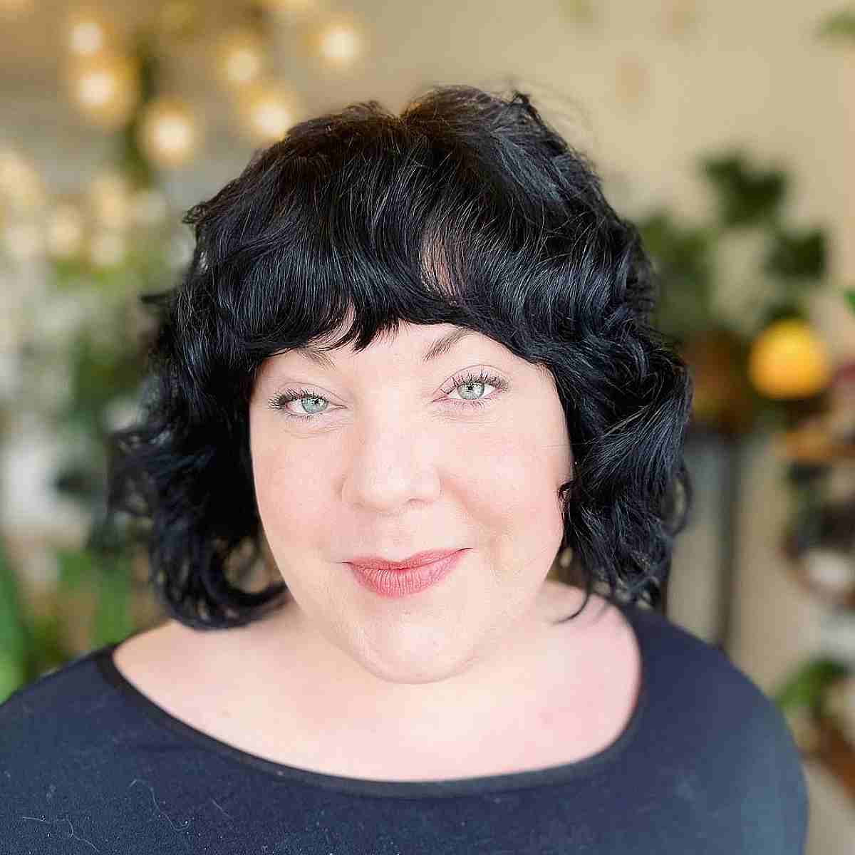 Curly Wavy Bob with Bangs for Round Faces
