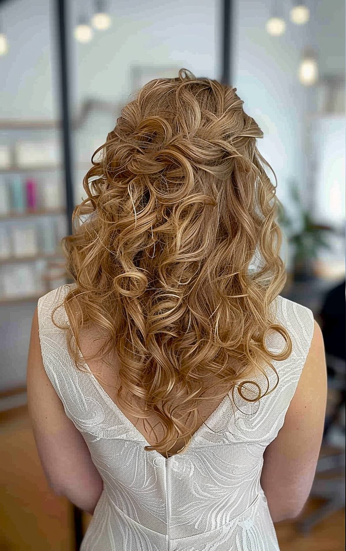 Curly wedding guest hairstyle half up half down for formal events