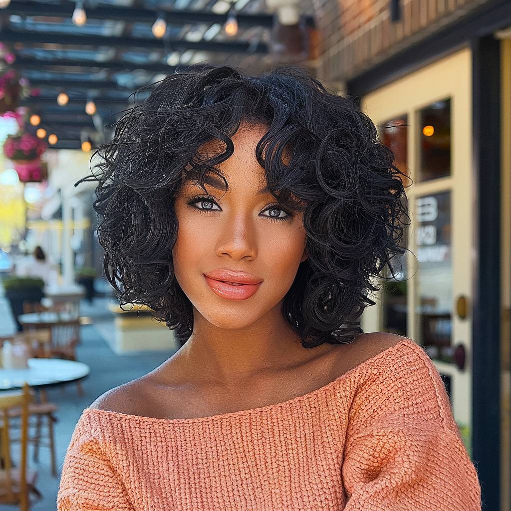 Curly, voluminous bob with curtain bangs on natural black hair, styled for definition and bounce