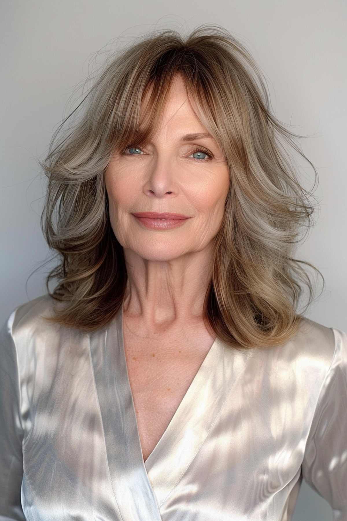 Mature woman with soft curtain bangs and layered mid-length hairstyle, in a satin blouse.