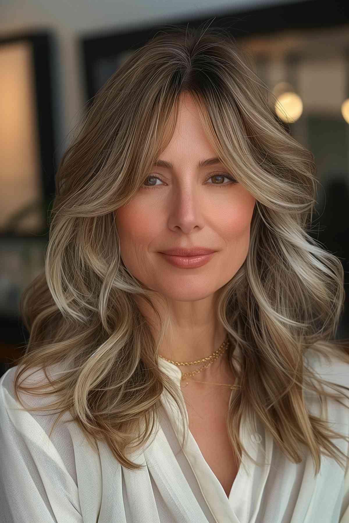 Woman over 50 with feathered layers and curtain bangs hairstyle, giving volume and a soft frame to an oval face shape.