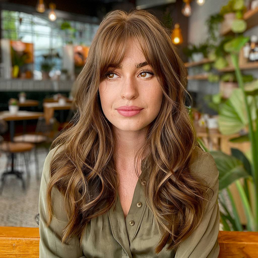 Long wavy hair with curtain bangs in warm brown tones, styled with soft layers for movement and dimension