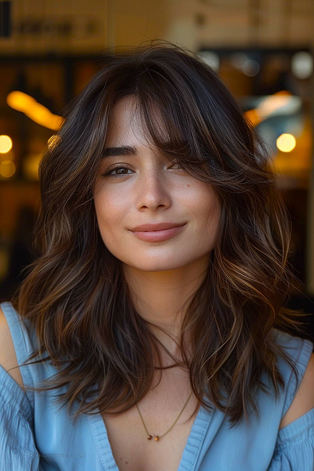 Medium-length haircut with soft curtain bangs and layers