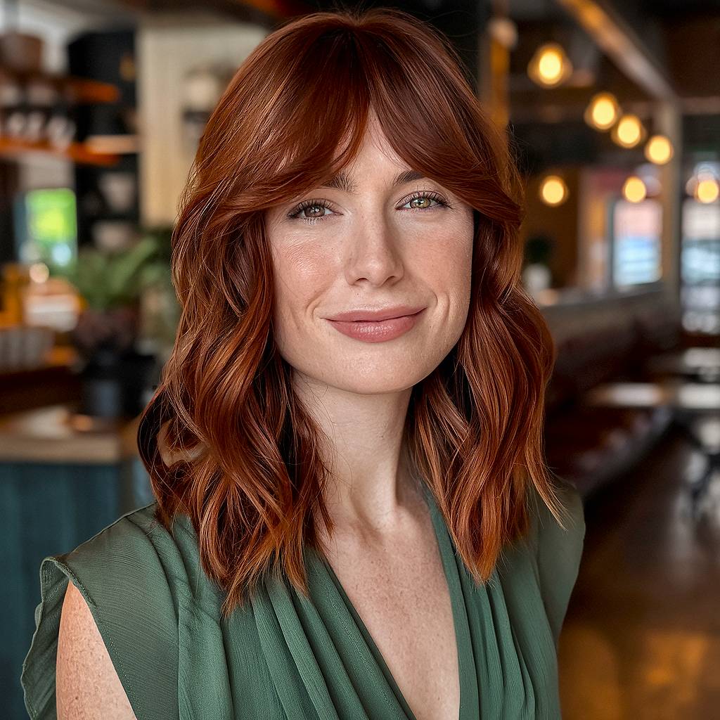 Shoulder-length wavy red hair with curtain bangs, enhancing an oval face shape