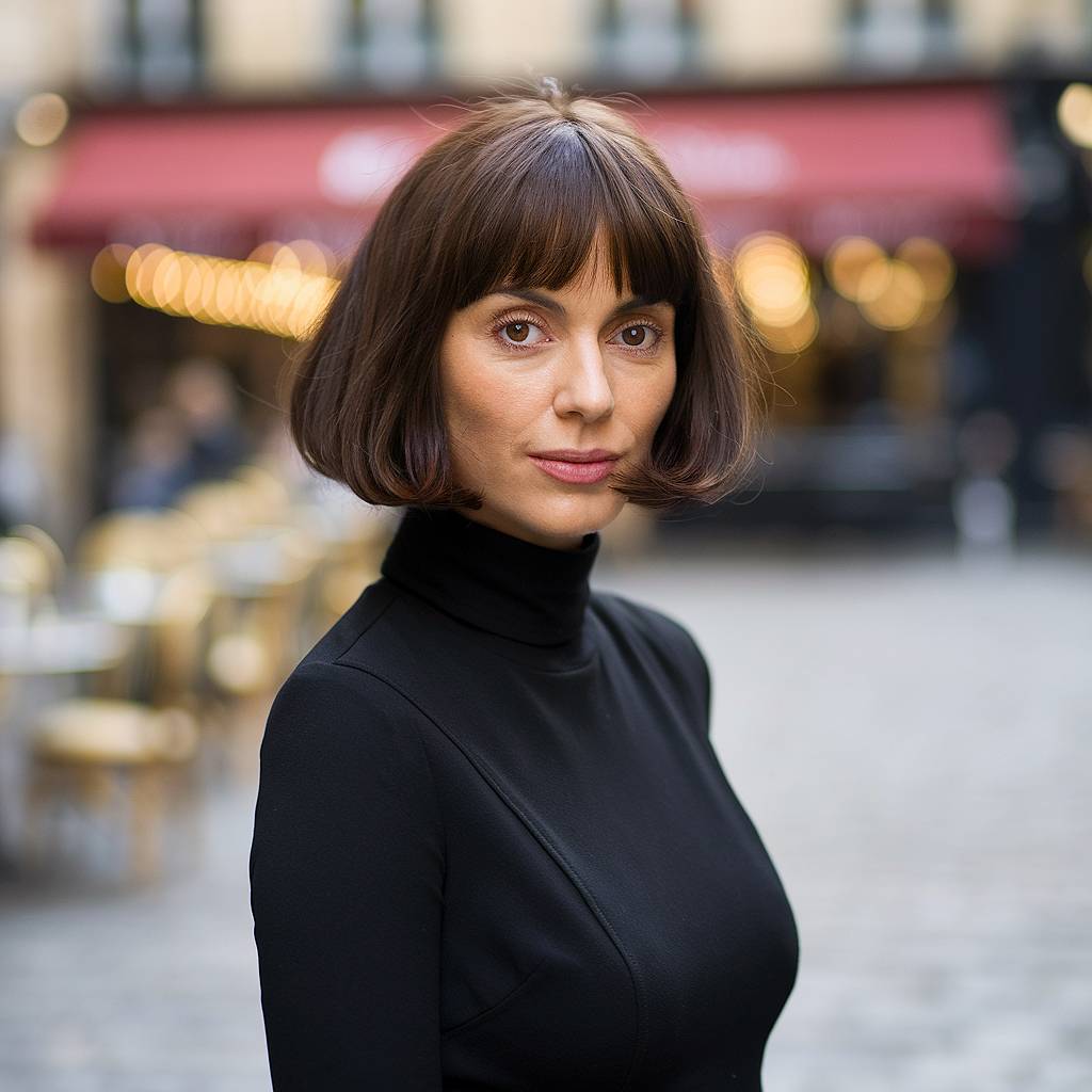 Short French bob with curtain bangs, styled with soft waves for a Parisian-inspired look