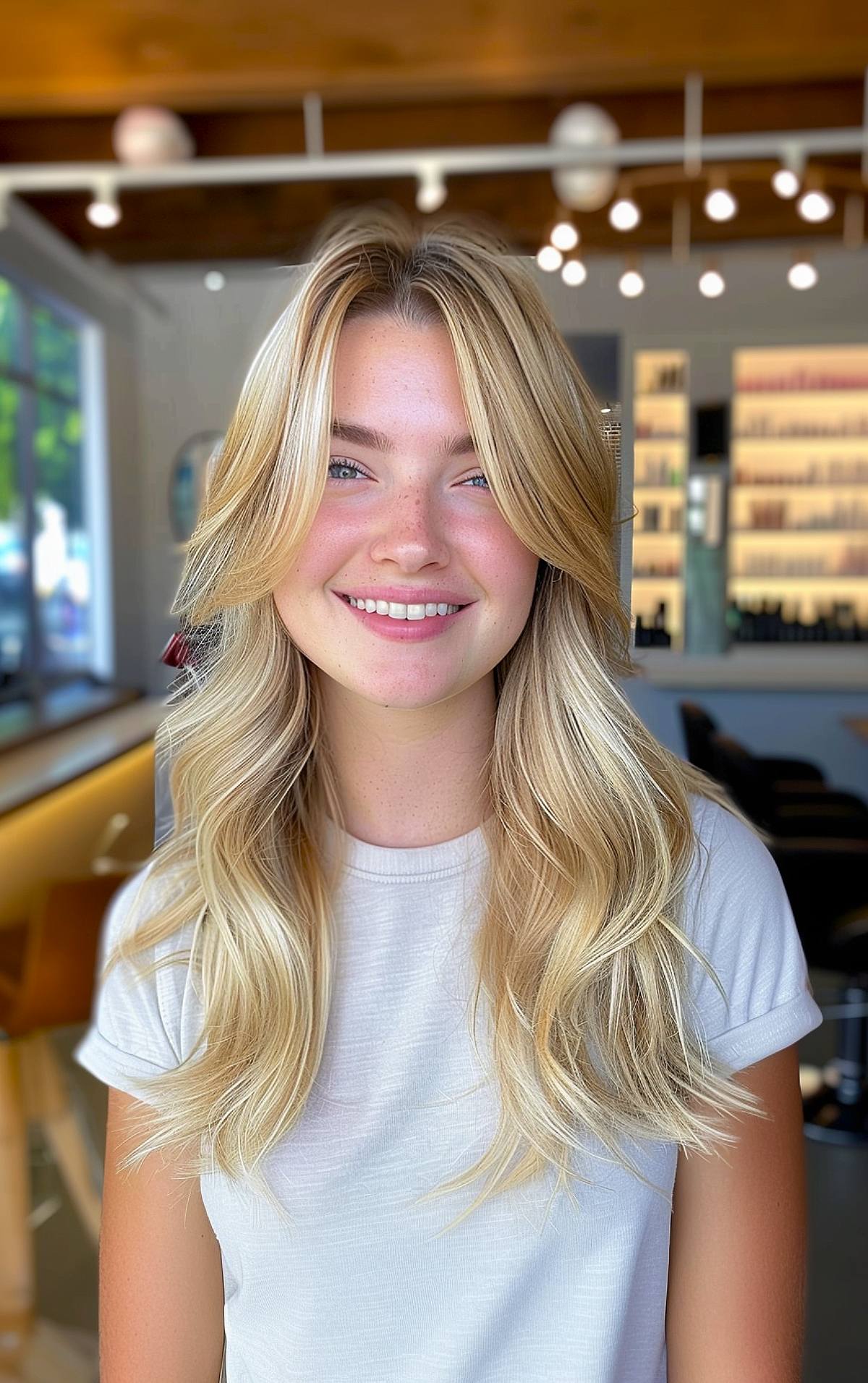 Long blonde hair with curtain bangs and loose wavy blowout